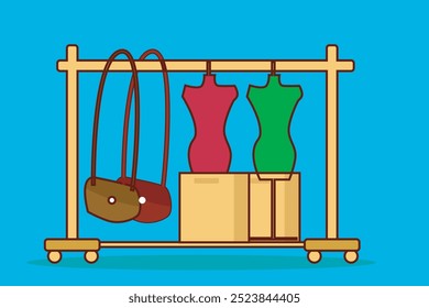 Vector illustration of women's accessories and clothes hanging in the wardrobe and on the board. featuring bags, dresses, shoes, and jewelry neatly displayed in designs for women's blogs, graphic 