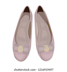 Vector Illustration of Women`s Ballet Flats in Dusty Pink Color, View from Above. Drawing of Women's Shoes. Concept of Dolly Shoes