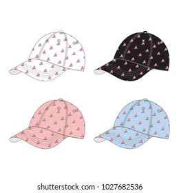 Vector illustration of women's baseball cap with watermelon pattern. Colored set