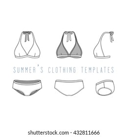 Vector illustration of women's beach clothing set. Blank vector templates of swimwear in front, back, side views. Fashion design in hipster's style. Isolated on white background.