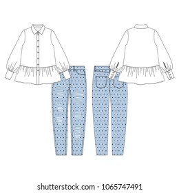 Vector illustration of women's blouse and mom jeans. Colored set. 