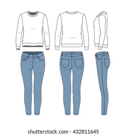 Vector illustration of women's clothing set. Basic sweatshirt, jeans. Blank vector wear templates for fashion design in modern urban or hipster's style. Isolated on white background.