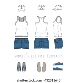 Vector illustration of women's clothing set - tank top, jeans shorts, baseball cap, sneakers. Blank wear templates in front, back, side views for fashion design. Isolated on white background.