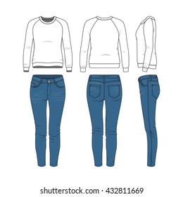 Vector illustration of women's clothing set. Basic raglan sweatshirt, jeans. Blank vector wear templates for fashion design in modern urban or hipster's style. Isolated on white background.