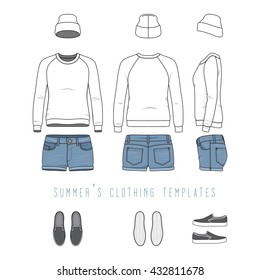 Vector illustration of women's clothing set. Raglan sweatshirt, denim shorts, hat, plimsolls. Blank vector wear templates for fashion design in urban, hipster's style. Isolated on white background.