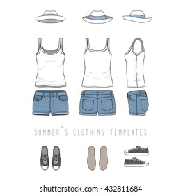 Vector illustration of women's clothing set - basic top, jeans shorts, panama hat, sneakers. Blank wear templates in front, back, side views for fashion design. Isolated on white background.