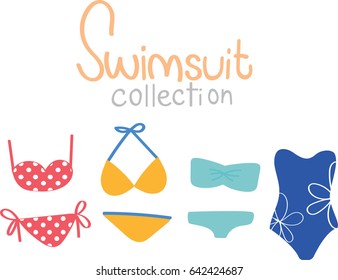 Vector illustration of women's colorful swimsuit design set. Fashion bikini collection. Female stylish swimwear isolated. Flat beach clothing underwear for summer.