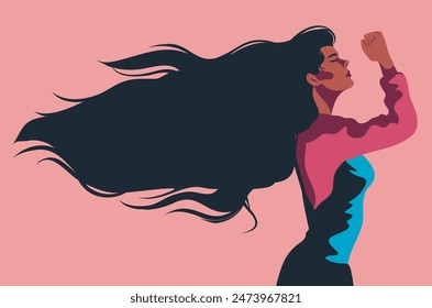 Vector illustration, women's day, banner with place for text, a woman with long hair holds a fist and stands in a protest pose, feminism day, freedom, protection of women's rights