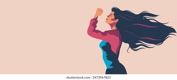 Vektorillustration, Frauentag, Banner mit Textstelle, Frau mit langen Haaren, die eine Faust hält und in Protestpose steht, Feministentag, Freiheitskampf, Schutz der Frauenrechte