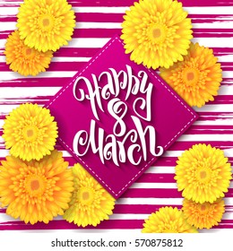 vector illustration of women's day card with lettering - happy 8 march with chrysanthemum flowers and rhombus.