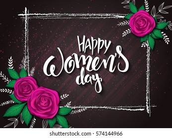 vector illustration of women's day card with lettering - happy women's day, frame, rose bouquet and doodle branches.
