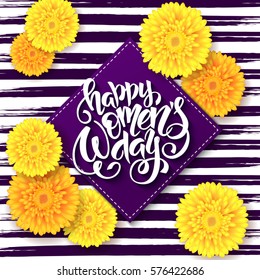 vector illustration of women's day card with lettering - happy 8 march with chrysanthemum flowers and rhombus