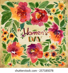 Vector illustration for Women's Day and different occasions. Floral pattern with watercolor flowers on the vintage background. Isolated peonies 