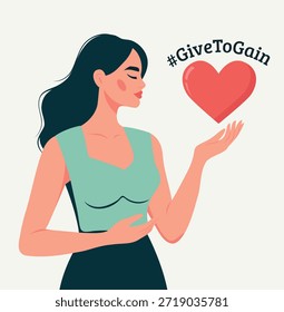 Vector illustration for Women's Day, March 8. Woman holding a red heart symbol love, generosity, hashtag GiveToGain, emphasizing the idea of ​​mutual support. Design for social media, cards, posters