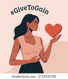 Vector illustration for Women's Day, March 8. A woman holding a red heart symbol love, generosity, with hashtag GiveToGain, emphasizing the idea of ​​mutual support. Design for social media, posters