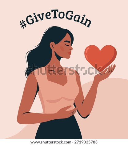 Vector illustration for Women's Day, March 8. A woman holding a red heart symbol love, generosity, with hashtag GiveToGain, emphasizing the idea of ​​mutual support. Design for social media, posters