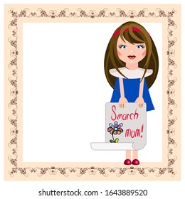 Vector illustration for Women's Day on March 8. Cartoon girl holding a drawing with text on march 8 mom! and outline flower with multicolored petals. For greeting cards, children's books, scrapbook.
