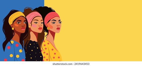 Vector illustration of Women's Day trend. Holiday place for text. Beautiful feminism women stand nearby. Vector concept of movement for gender equality and women's empowerment