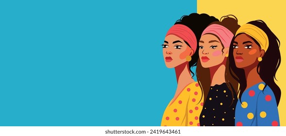 Vector illustration of women's day trend. Holiday place for text. Beautiful women stand nearby. Vector concept of movement for gender equality and women's empowerment. Feminism