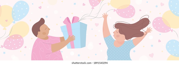 Vector illustration of women's day,man gives gift.Flat design of funny characters.