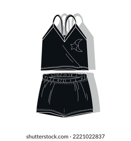Vector illustration. Women's delicate black pajamas. Getting ready for bed.