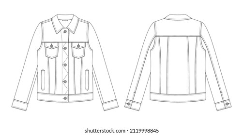 Vector illustration of women's denim jacket. Front and back