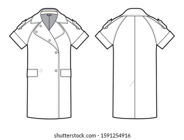 Vector illustration of women's double-breasted coat. Front and back views