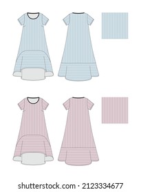 Vector illustration of women's dress with fabric sample. Front and back