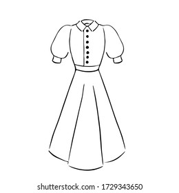 Vector illustration of a women's dress with short sleeves and a long skirt, buttons on the chest and a cute collar. Coloring book on the theme of women's clothing, dresses for girls.