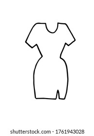 Vector illustration of a women's dress short sleeves and a split on the skirt. Hand drawn doodle with black stroke. Coloring book on the theme of women's clothing, dresses for girls.