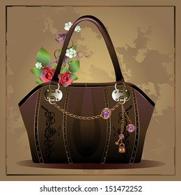 Vector illustration of women's fashion vintage bag with roses and chains