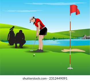 Vector illustration of a women's golf tournament on a beautiful golf course.