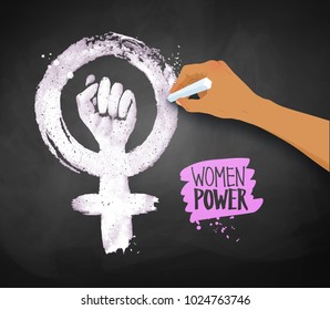 Vector illustration of women's hand drawing Feminism protest symbol with chalk on blackboard background.