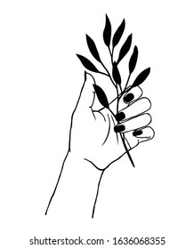 Vector illustration of women's hand holding plant. Trendy linear and minimal boho tattoo style for logo, emblem, t-shirt fashion print, stickers, skin care or cosmetics branding
