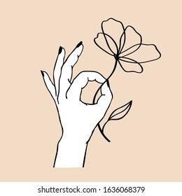 Vector illustration of women's hand holding flower. Trendy linear and minimal boho tattoo style for logo, emblem, t-shirt fashion print, stickers, skin care or cosmetics branding