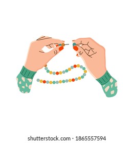 Vector illustration of women's hands with beads and stringing on a string. The manufacture of beads. Hands of a needlewoman in a flat design. Creative hobby. Isolated on a white background.