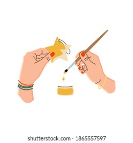 Vector illustration of women's hands with a brush and paint. Hobby activity. Appliques made of paper, painting. Hands of a needlewoman in a flat design. Creative hobby. Isolated on a white background.