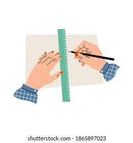 Vector illustration. Women's hands hold a ruler and pencil, draw on paper or fabric. Hands of a needlewoman in a flat pattern. Creative hobby. Isolated on a white background
