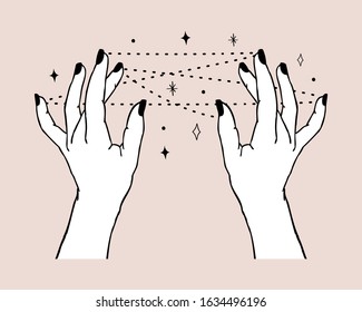 Vector illustration of women's hands holding stars. Trendy linear and minimal boho tattoo style for logo, emblem, t-shirt fashion print, stickers, skin care or cosmetics branding