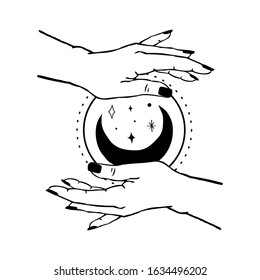 Vector illustration of women's hands holding Moon and stars. Trendy linear and minimal boho tattoo style for logo, emblem, t-shirt fashion print, stickers, skin care or cosmetics branding