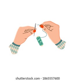 Hank with green thread and needle Royalty Free Vector Image
