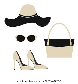 Vector illustration. Women's hat, sunglasses, handbag, high-heeled shoes.