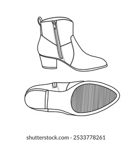 Vector illustration of women's high leather shoes with zipper, hand-drawn collection. Doodle vector sketch illustration. Suitable for your ankle boots design, isolated on a white background