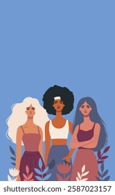 Vector illustration for women's holidays and projects. Women's Day, March 8, Equality Day. Women of different cultures, nationalities and skin colors stand side by side. Gender equality and women's em