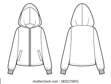 Vector illustration of women's jacket with hood. Front and back