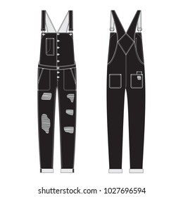 Vector illustration of women's jeans jumpsuit. Front and back