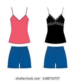 Vector illustration of women's jeans shorts and top. basic minimalist capsule wardrope. Casual style. Technical drawing