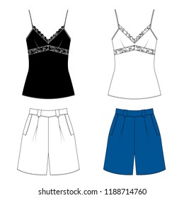 Vector illustration of women's jeans shorts and top. basic minimalist capsule wardrope. Casual style. Technical drawing