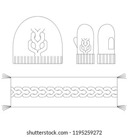 Vector illustration of women's knitted hat, scarf and mittens