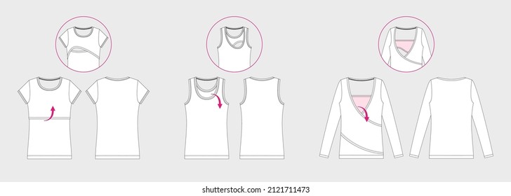 Vector illustration of women's lactating t-shirts. Front and back